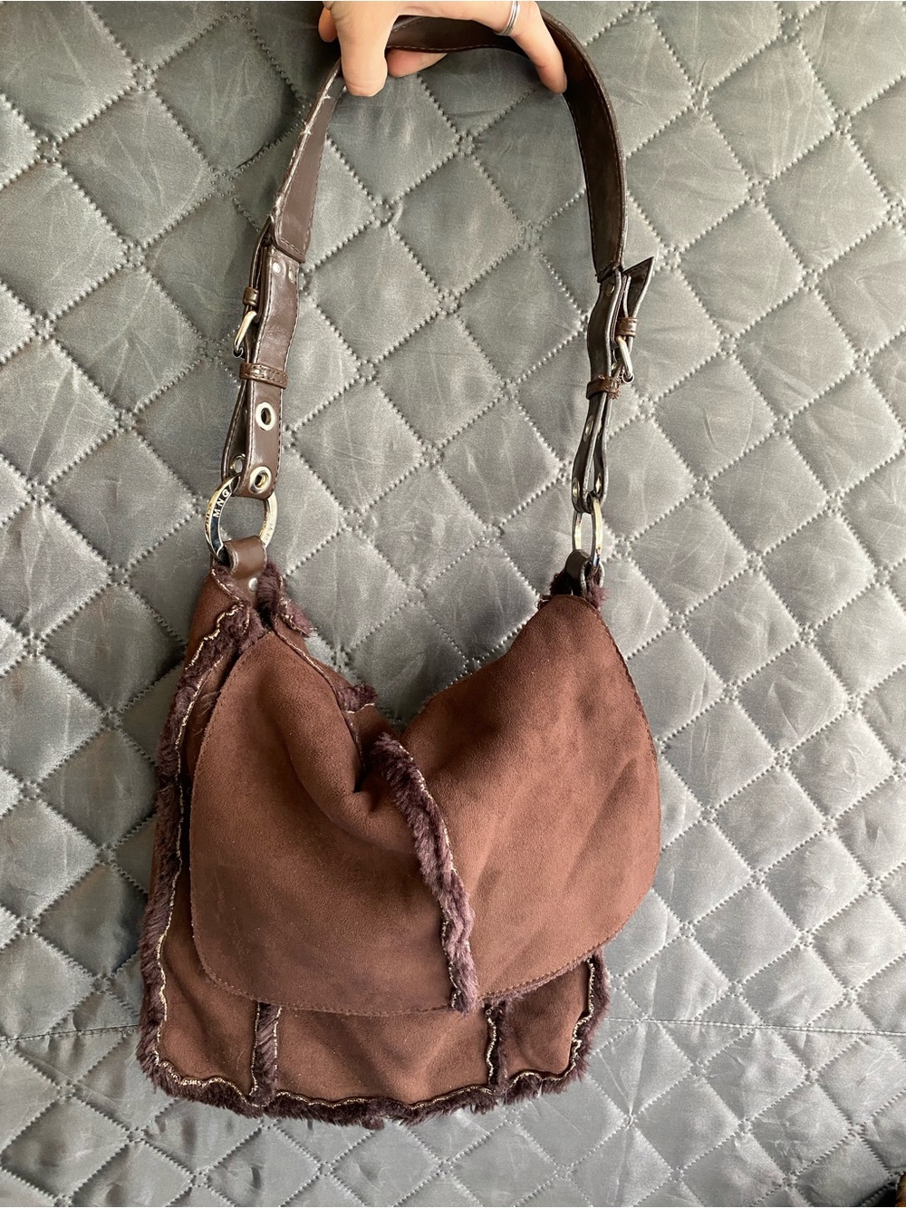 Vintage y2k Mango hobo Bag with Faux-Fur Trim
